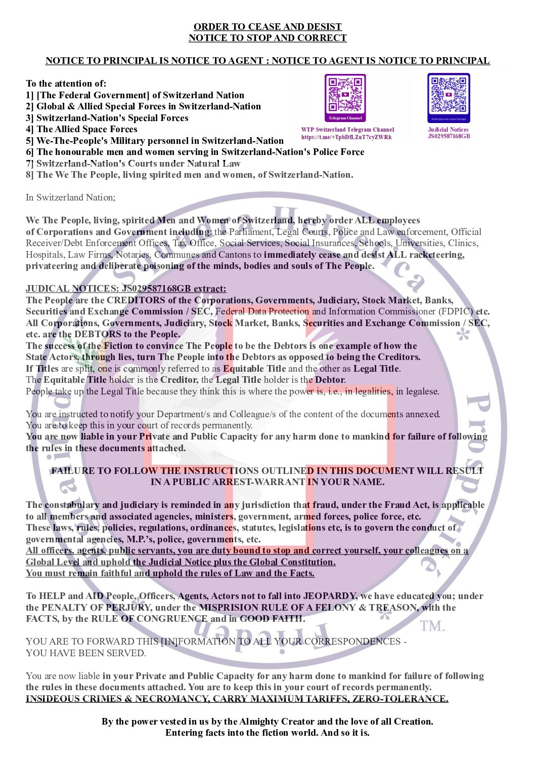 Cease and Desist / Stop and Correct Swiss Government